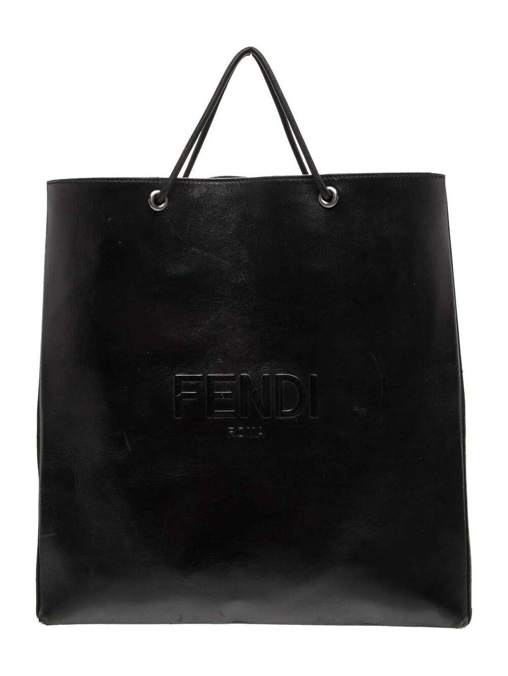 2021 FENDI Roma Embossed Logo Leather Tote Bag Black Flat